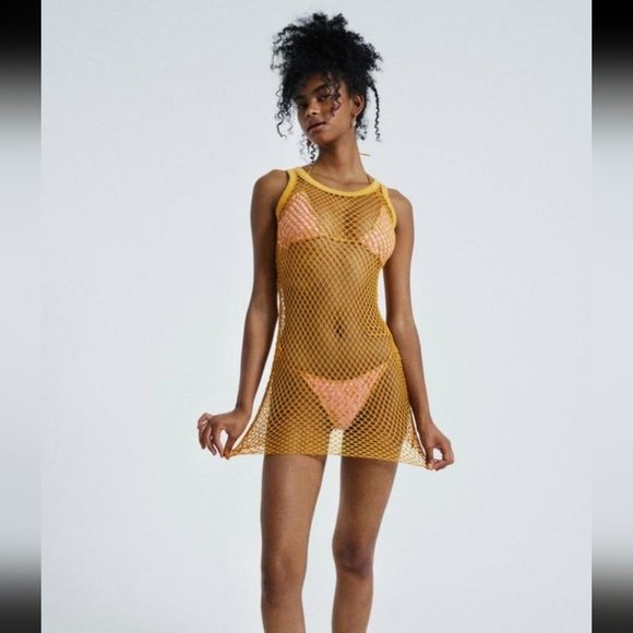 Jaded London Alani String Net Vest Mini Dress. Sleeveless. Mesh. Yellow. Size 4. - Picture 1 of 9
